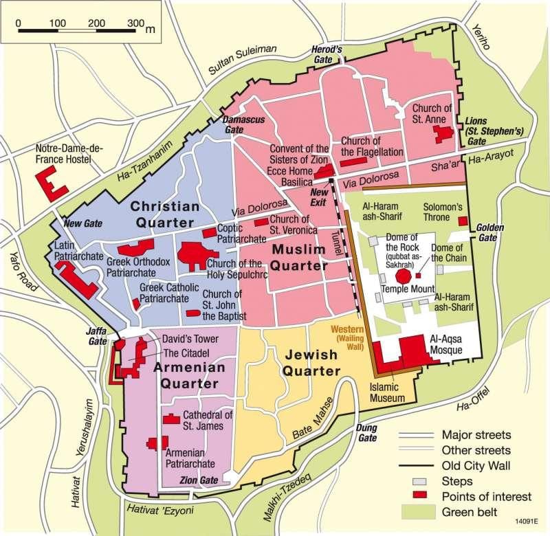čtyři čtvrtiny Jeruzalém mapě