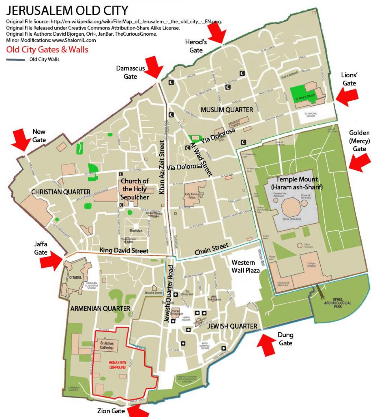 mapa Jeruzaléma brány
