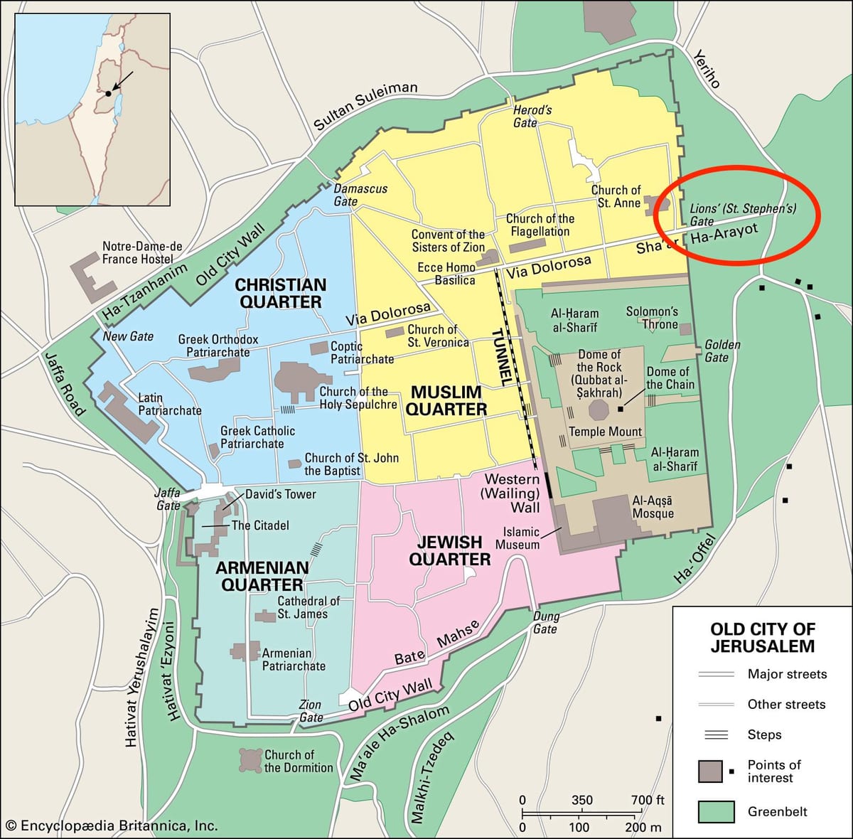 mapa lions gate v Jeruzalém