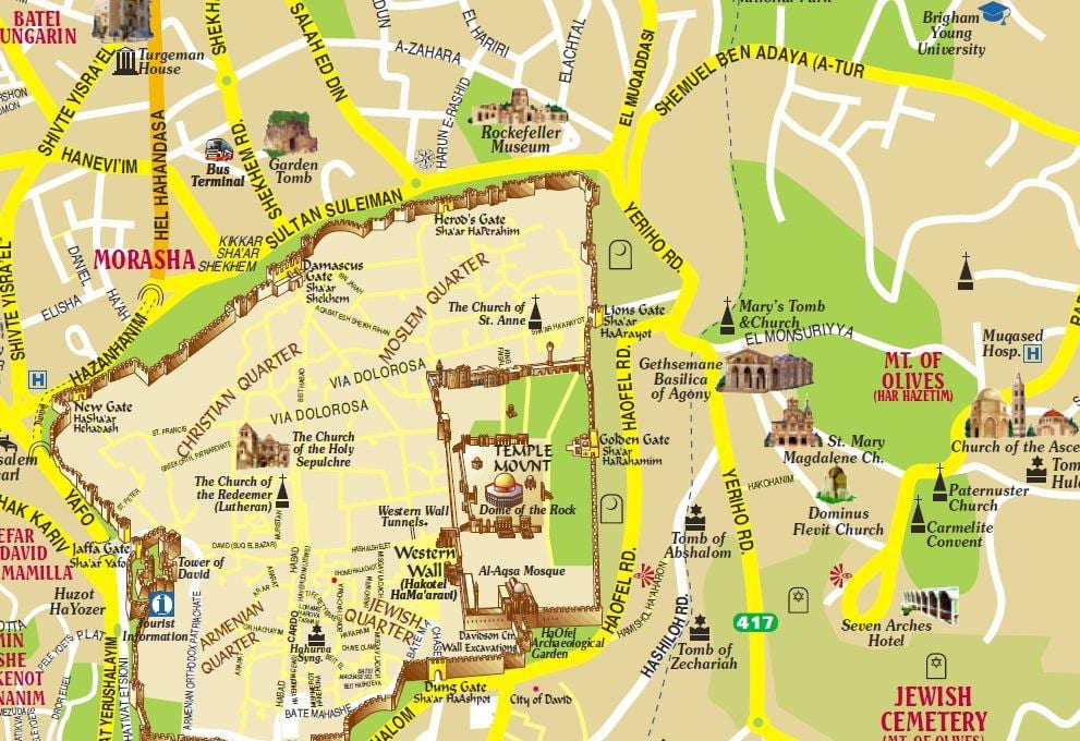 mapa hoře olivetské a Jeruzalém